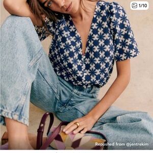 Sezane Navy and White Patterned Blouse-NWTO Size 12